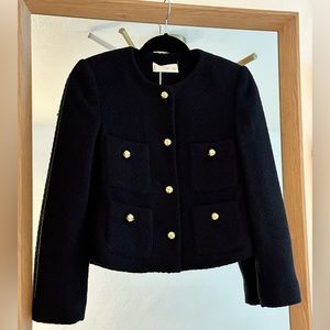 NWT Mango Black Pocket Tweed Jacket Gold Buttons Small